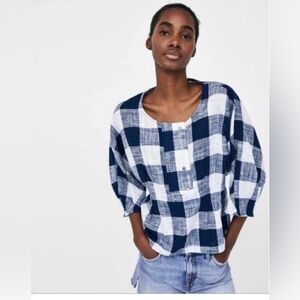 Zara Basics Plaid Navy Blue Top